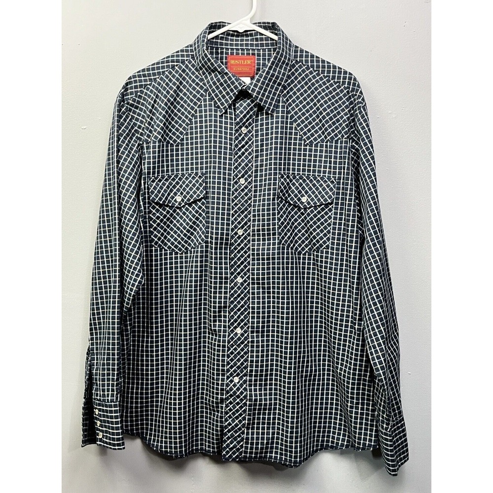 Rustler Shirt Mens XL Navy Blue Grid Western Pearl Snap Long Tails 75165RP